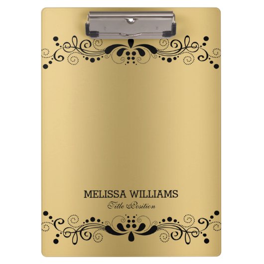 メタリック金ゴールドテクスチャ&ヴィンテージブラックフローラレース クリップボード (正面)
