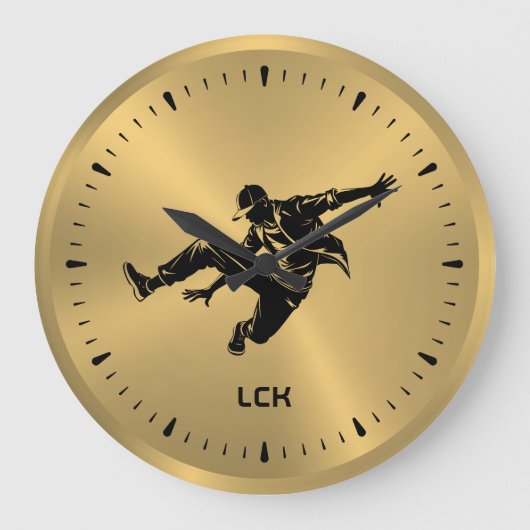 メタリック金ゴールドブラックシルエットヒップホップダンサー ラージ壁時計 (正面)