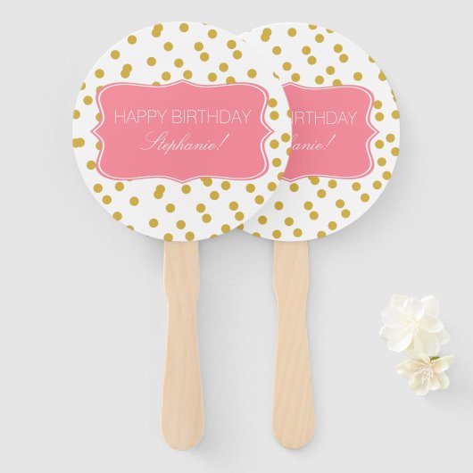 メタリック金ゴールド紙吹雪とピンクバースデーパーティー ハンドファン (正面&裏面)