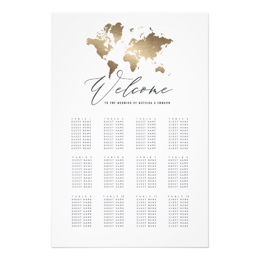 メタリック金ゴールド結婚世界地図の座席計画 フォトプリント (正面)