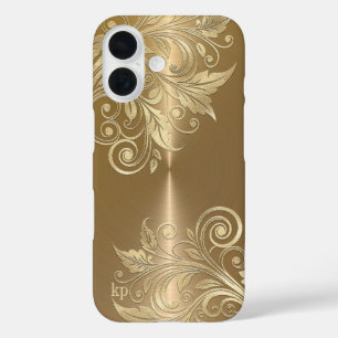メタリック金ゴールド背景フローラアクセント iPhone 16ケース