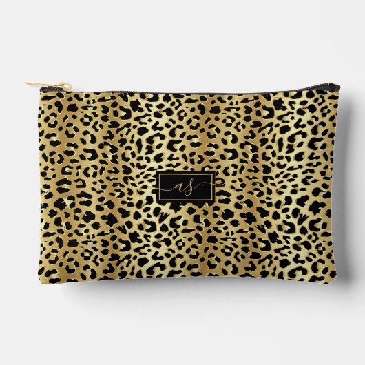 メタリック金箔ブラックレオパードモノグラムのプリント アクセサリーポーチ (正面)