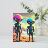 メタリック風変わりロボット宇宙エイリアン ポストカード (スタンド正面)