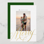 メタリック メリー スクリプト ホリデー フォイル フォト カード (正面/裏面)