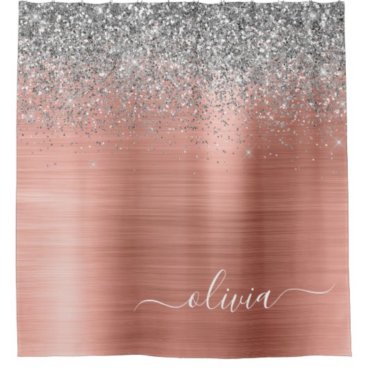 メタリック ローズゴールド シルバー グリッター モノグラム シャワーカーテン (正面)