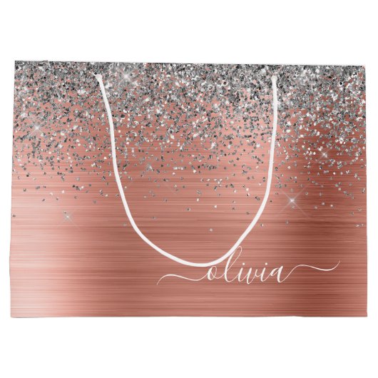 メタリック ローズゴールド シルバー グリッター モノグラム ラージペーパーバッグ (裏面)