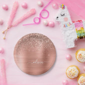 メタリック ローズゴールド ピンク グリッター モノグラム ペーパープレート (パーティー)