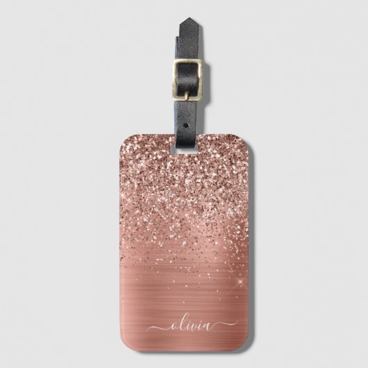 メタリック ローズゴールド ピンク グリッター モノグラム ラゲッジタグ (正面縦)