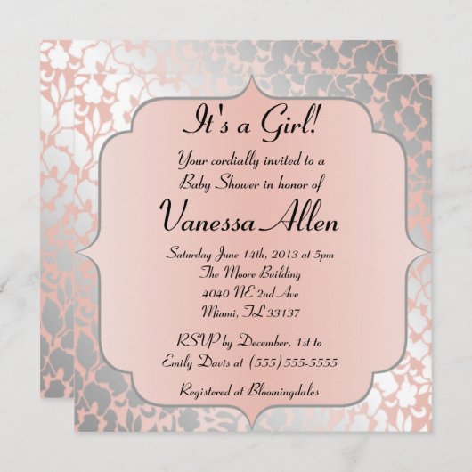 メタリッフォーマルクピーチフローラベビーシャワー 招待状 (正面/裏面)