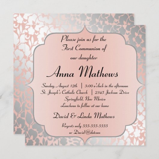 メタリッフォーマルク·ピーチ·フローラ·ファースト·コミュニオン 招待状 (正面/裏面)