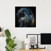 メタルウイング付きスチームパンクブルードラゴンAIアート ポスター (ホームオフィス)