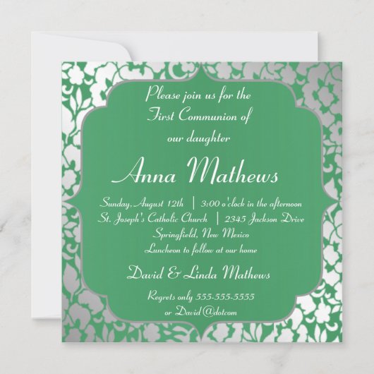 メタルエメラルドグリーンファーストコミュニオン招待状 招待状 (正面)