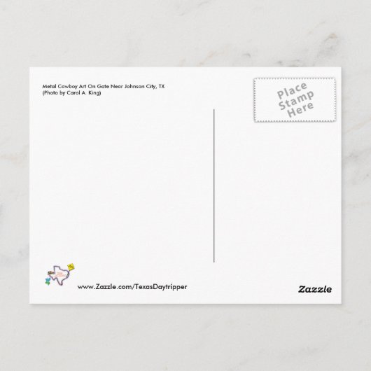 メタルカウボーイアートオンゲート近くのジョンソンシティ, TX ポストカード (裏面)