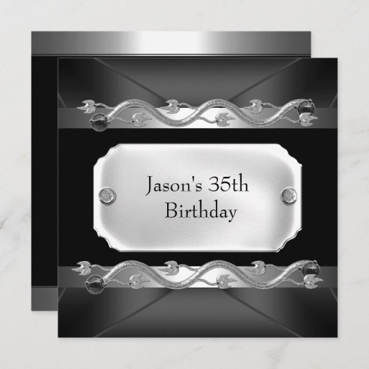 メタルクロムブラックシルバーメンズ35誕生日 招待状 (正面/裏面)