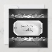 メタルクロムブラックシルバーメンズ35誕生日 招待状 (正面)