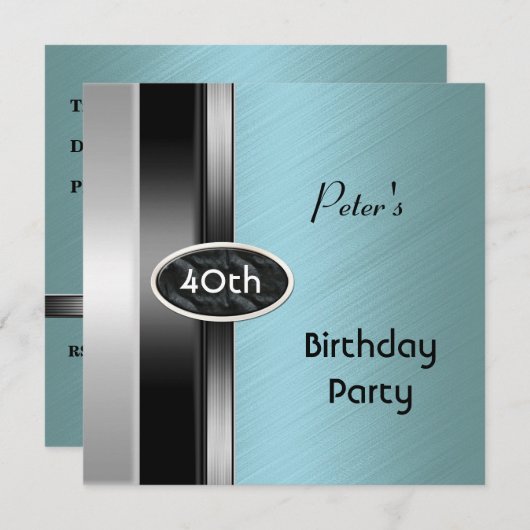 メタルシルバーグリーンメンズ40th誕生日パーティーマン 招待状 (正面/裏面)