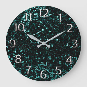 メタルシルバーグレーアラビアナンバーズティール（緑がかった色）アクア ラージ壁時計
