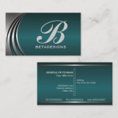 メタルシルバーグレー、暗いティール(緑がかった色)の目を引くモノグラム 名刺 (正面/裏面)