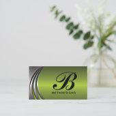 メタルシルバーグレー、緑の目を引くモノグラム 名刺 (スタンド正面)