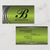 メタルシルバーグレー、緑の目を引くモノグラム 名刺 (正面/裏面)