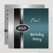 メタルシルバーティール(緑がかった色)メンズ40歳の誕生日パーティーマン 招待状 (正面/裏面)