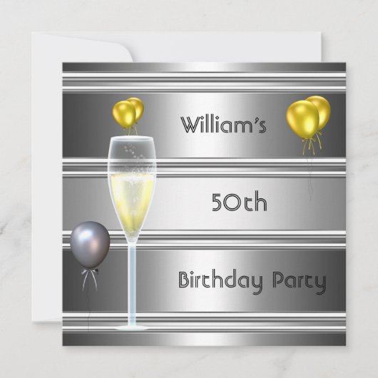 メタルシルバーブラック50誕生日メンズ 招待状 (正面)