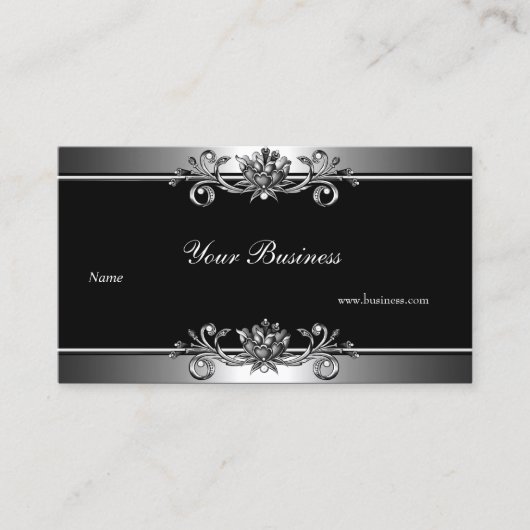 メタルシルバールックブラックジュエルエレガントフローラ 名刺 (正面)