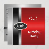 メタルシルバーレッドメンズ40th誕生日パーティーマン 招待状 (正面/裏面)