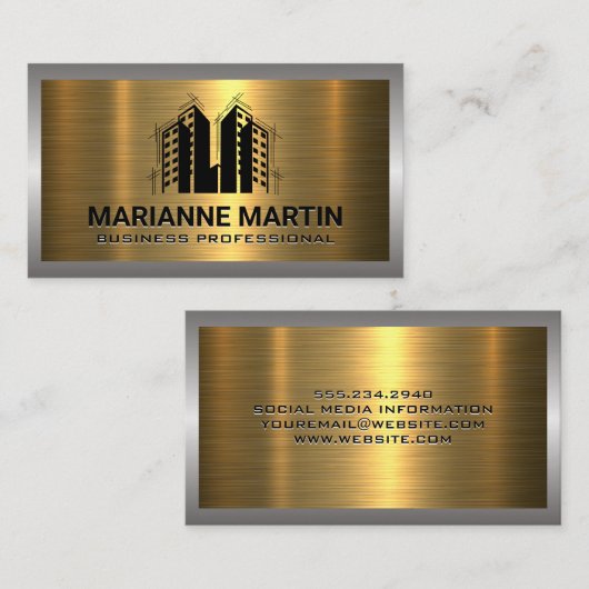 メタルシルバー金ゴールドブラシ |不動産実在のプロパティ 名刺 (正面/裏面)