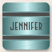 メタルティール（緑がかった色）グリーンデザインブラシ付きアルミルック コースター (正面)