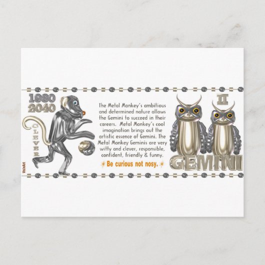 メタルモンキー生まれ〔占星術の〕十二宮図ジェミニ1980 ポストカード (正面)