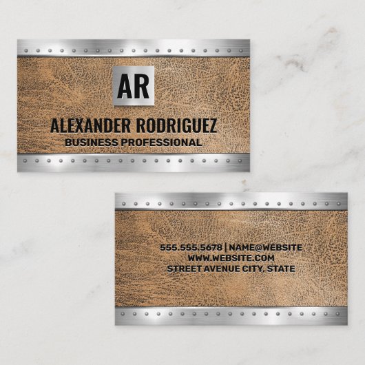 メタルリベット茶色レザー |モノグラムのビジネスカー 名刺 (正面/裏面)