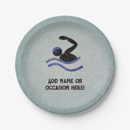 メタルルックのスイミングガイ男らしパーティーテーマ ペーパープレート (正面)