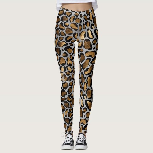 メタル金ゴールドとブラックヒョウの斑点オンホワイトレギー レギンス (正面)