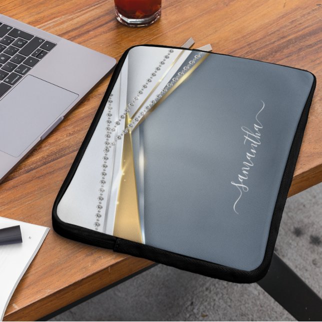 メタル3-Dルック書道金ゴールドモノグラムダイヤモンド ラップトップスリーブ (クリエイターアップロード済み)