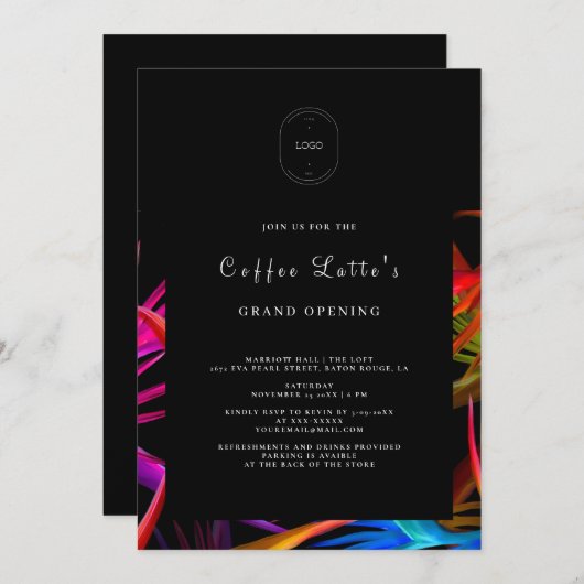 メッシーワイルドトロピカルスタイルブラックビジネスオープン 招待状 (正面/裏面)