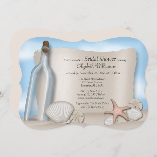 メッセージからのボトルビーチブライダルシャワー招待状 招待状 (正面/裏面)