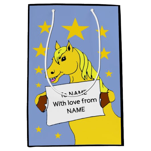 メッセージと星がついたかわいい漫画のポニー ミディアムペーパーバッグ (正面)