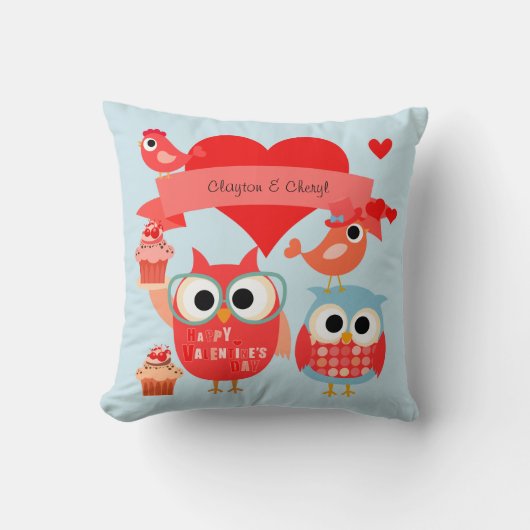 メッセージのフクロウのバレンタインの枕とパーソナライズ クッション (正面)