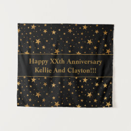 メッセージカスタムアニバーサリー付きブラック/金ゴールドスター タペストリー