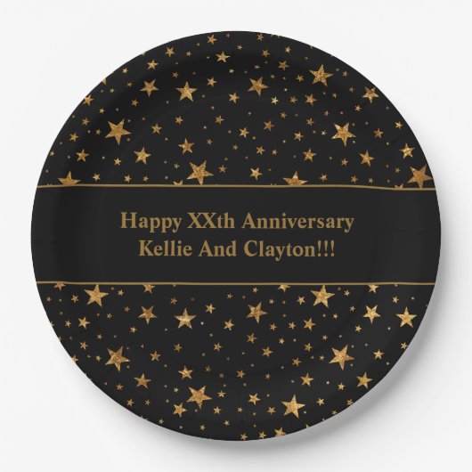 メッセージカスタムアニバーサリー付きブラック/金ゴールドスター ペーパープレート (正面)