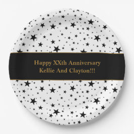 メッセージカスタムアニバーサリー付き白/黒の星 ペーパープレート