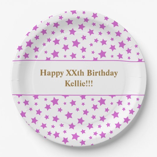 メッセージカスタム誕生日パーティー付きピンクの星 ペーパープレート (正面)