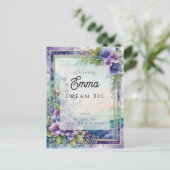 メッセージパーソナライズされた水色パープルフローラカード ポストカード (スタンド正面)