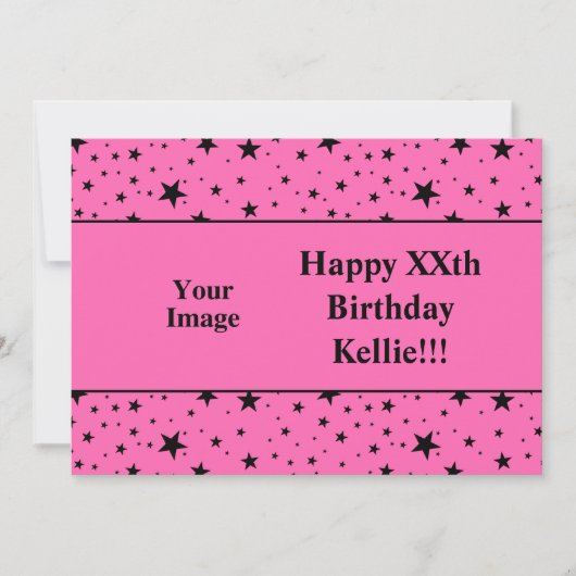 メッセージフォト誕生日付きピンク色の黒星 招待状 (正面)
