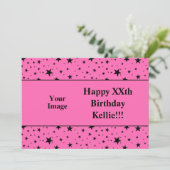 メッセージフォト誕生日付きピンク色の黒星 招待状 (スタンド正面)