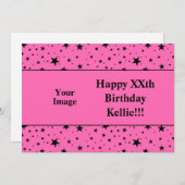 メッセージフォト誕生日付きピンク色の黒星 招待状 (正面/裏面)