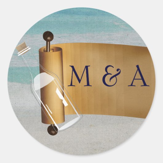 メッセージボトルビーチ結婚式 ラウンドシール (正面)