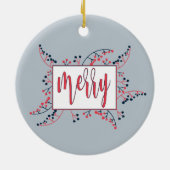 メッセージモダンレッドメリーブルーの果実クリスマス セラミックオーナメント (裏面)