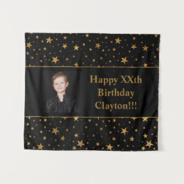 メッセージ付きゴールドスターの写真　ブラックの誕生日 タペストリー